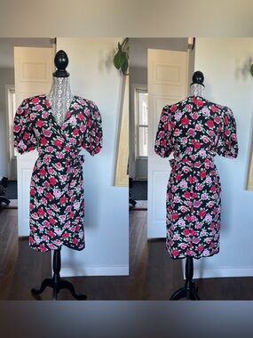Vintage 100% Silk Designer Floral Puff Sleeve Wrap Dress. Size 8.